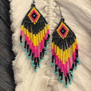 Black/Pink/Yellow/Blue Boho Beaded Festival Earrings With French Hooks